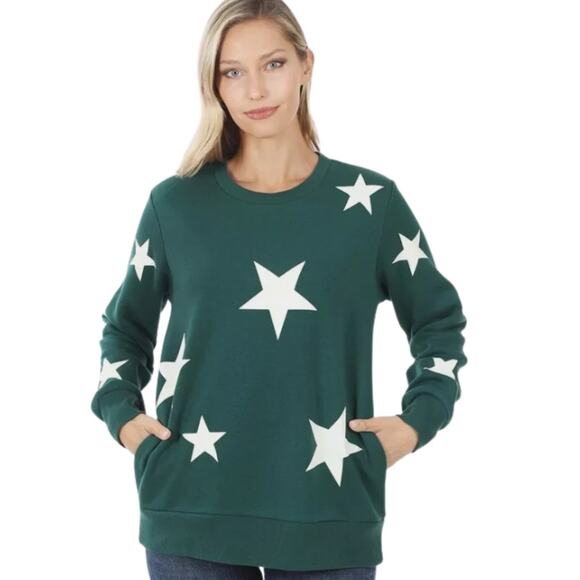 Zenana Sweaters - Zenana Women's Oversized Green Sweater w/ White Stars Crew Neck Large
